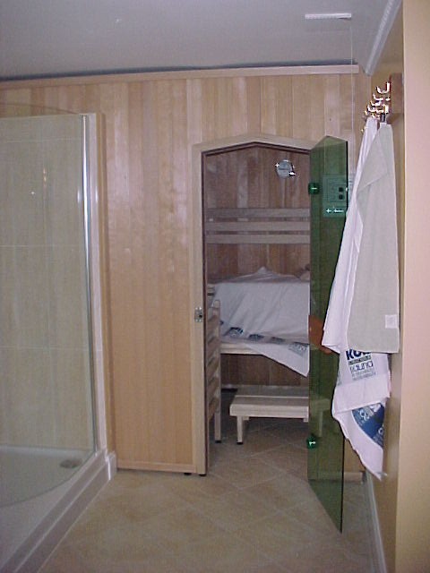 Koll-Comfort-Sauna im Badezimmer mirt Außenansicht in Hemlock